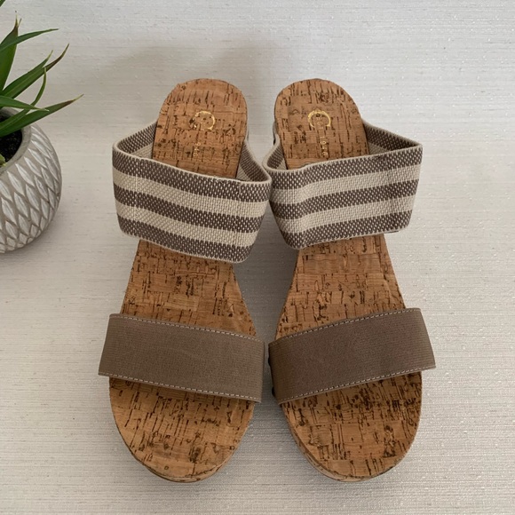 C established 1946 Tan/Stripe Fabric Stride Cork Wedges Slide Sandals Women’s 10 - Picture 2 of 11